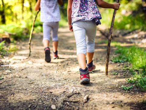 two kids hiking along a path in the woods with walking sticks