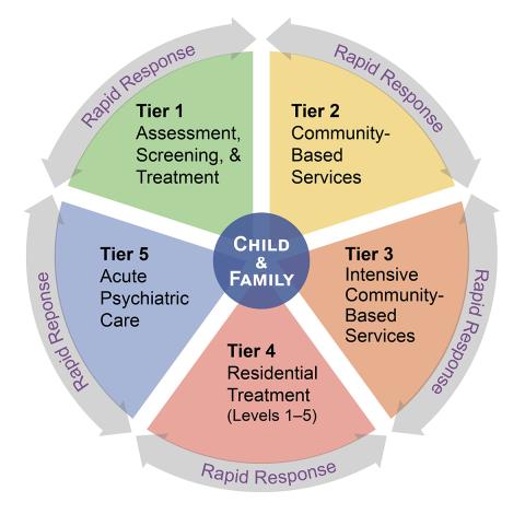 A circular representation of the five tiers of care - this information is presented in the paragraphs below.